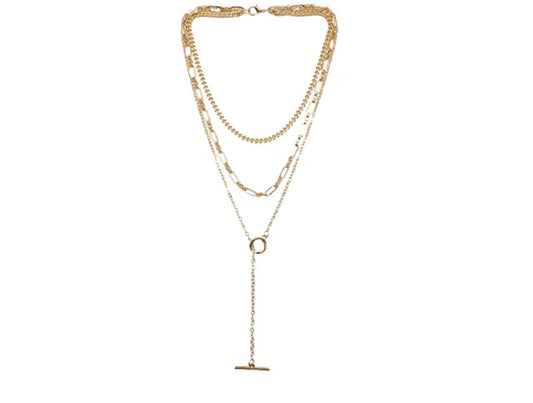 Gold 3 Tier Chain Link Necklace with Drop