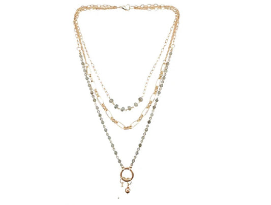 Gold 3 Tier Chain and Green Stones Necklace with Pearl Pendant