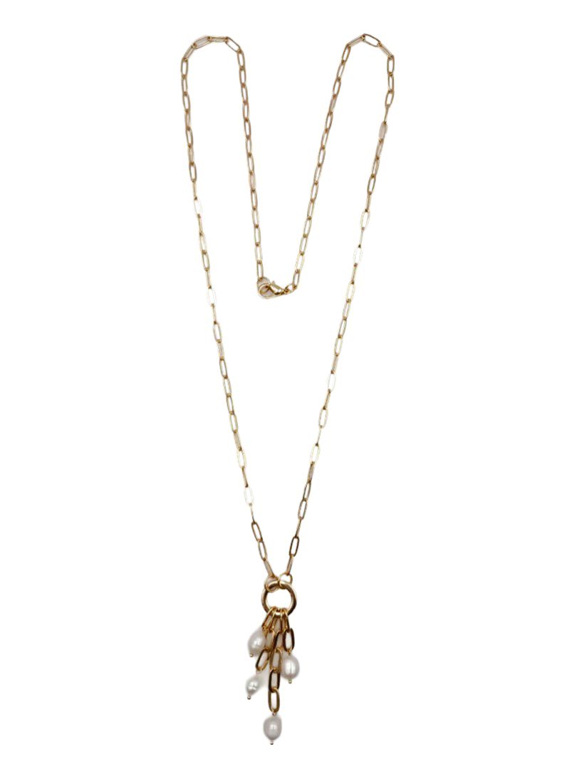 Gold Chain Necklace with Hanging Pearl Pendants