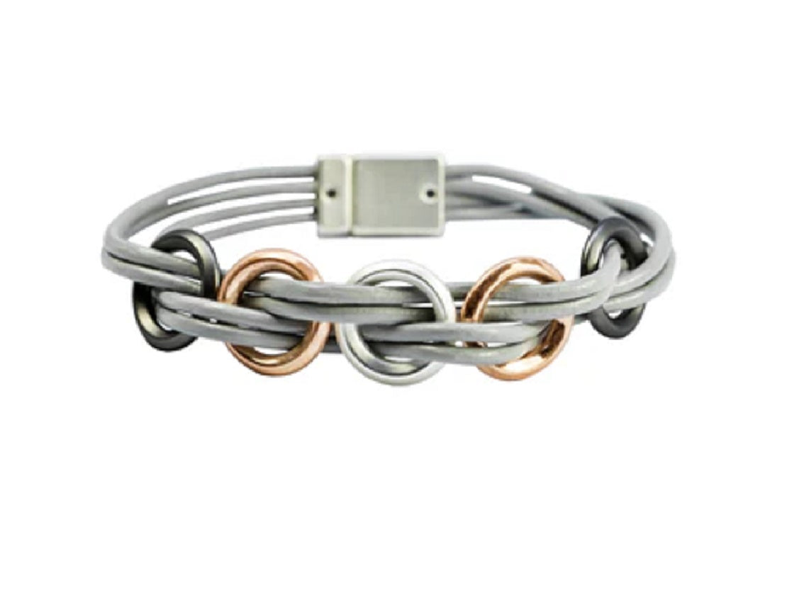 Bohemia Grey Leather Bracelet with Rose Gold and Silver Circles