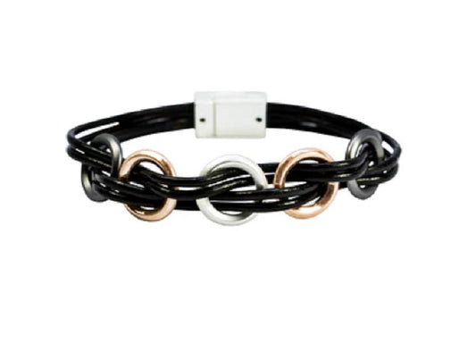 Bohemia Black Leather Bracelet w/ Rose and Silver Circles