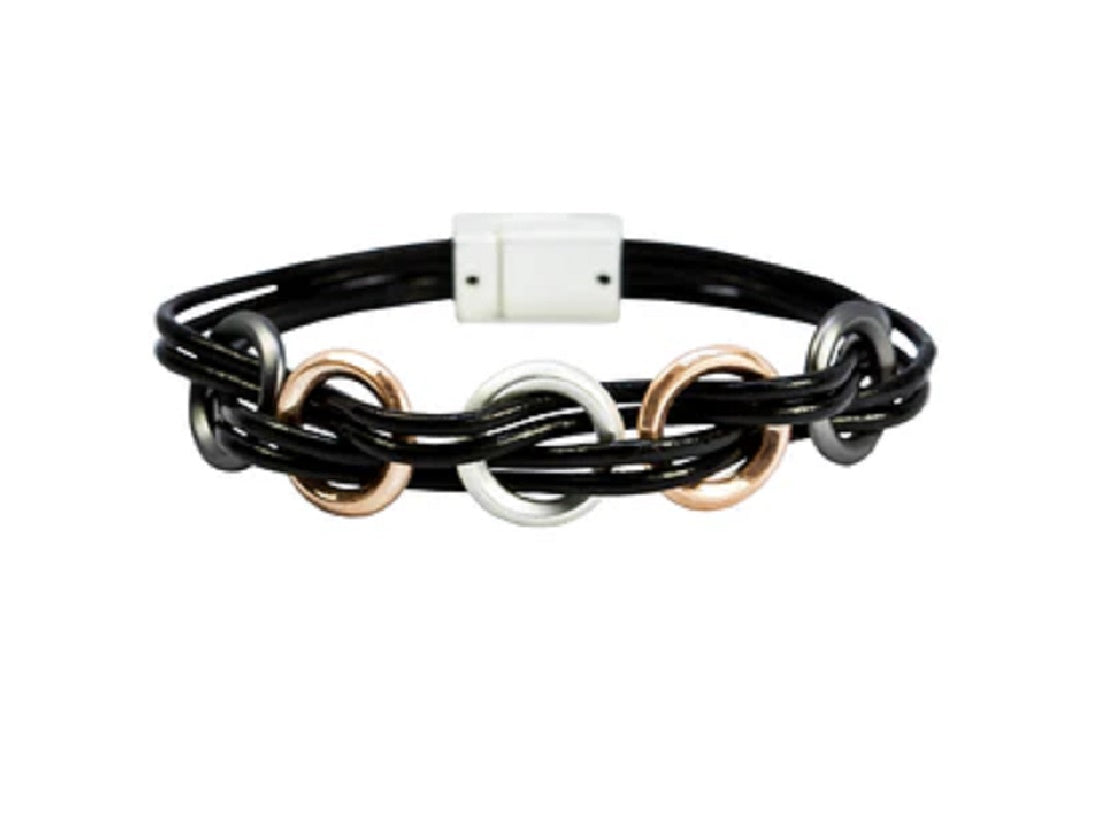 Bohemia Grey Leather Bracelet with Rose Gold and Silver Circles