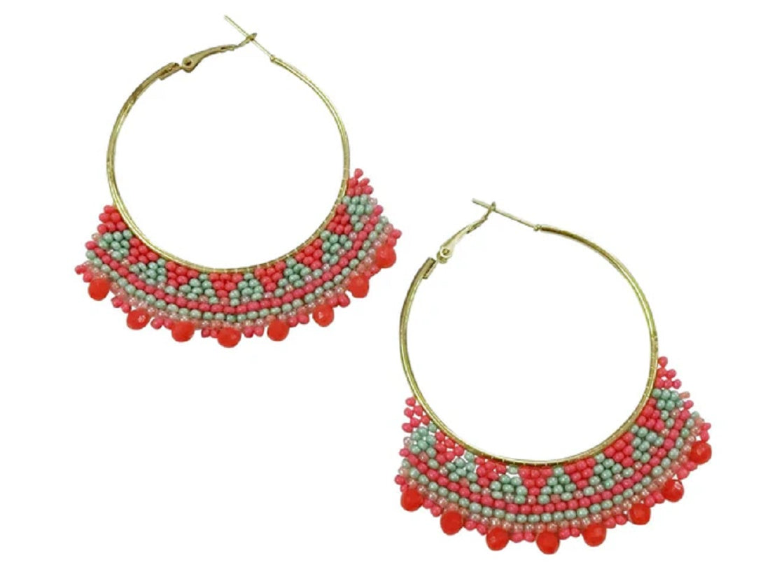 Coral Orange and Pale Mint Hand Beaded Hoop Earrings