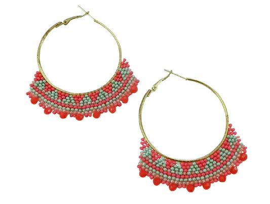 Coral Orange and Pale Mint Hand Beaded Hoop Earrings