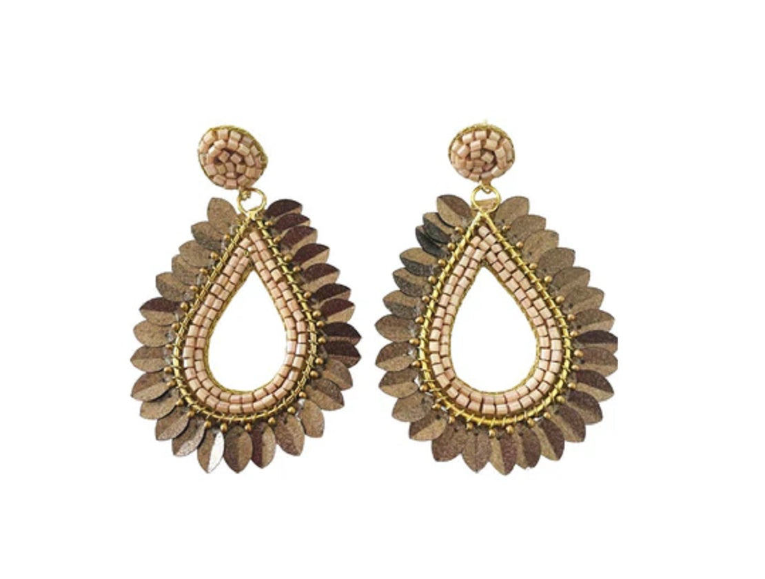 Hand Beaded Bronze Leaf Earrings