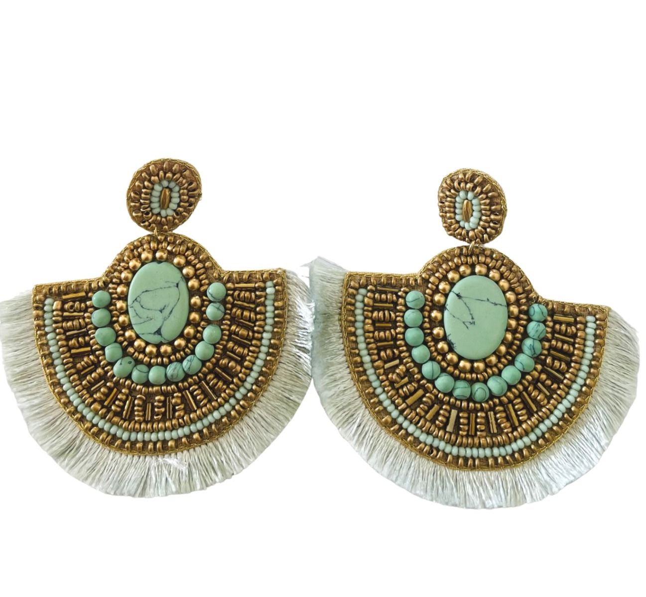 Hand Beaded Gold and Pale Mint Statement Earrings