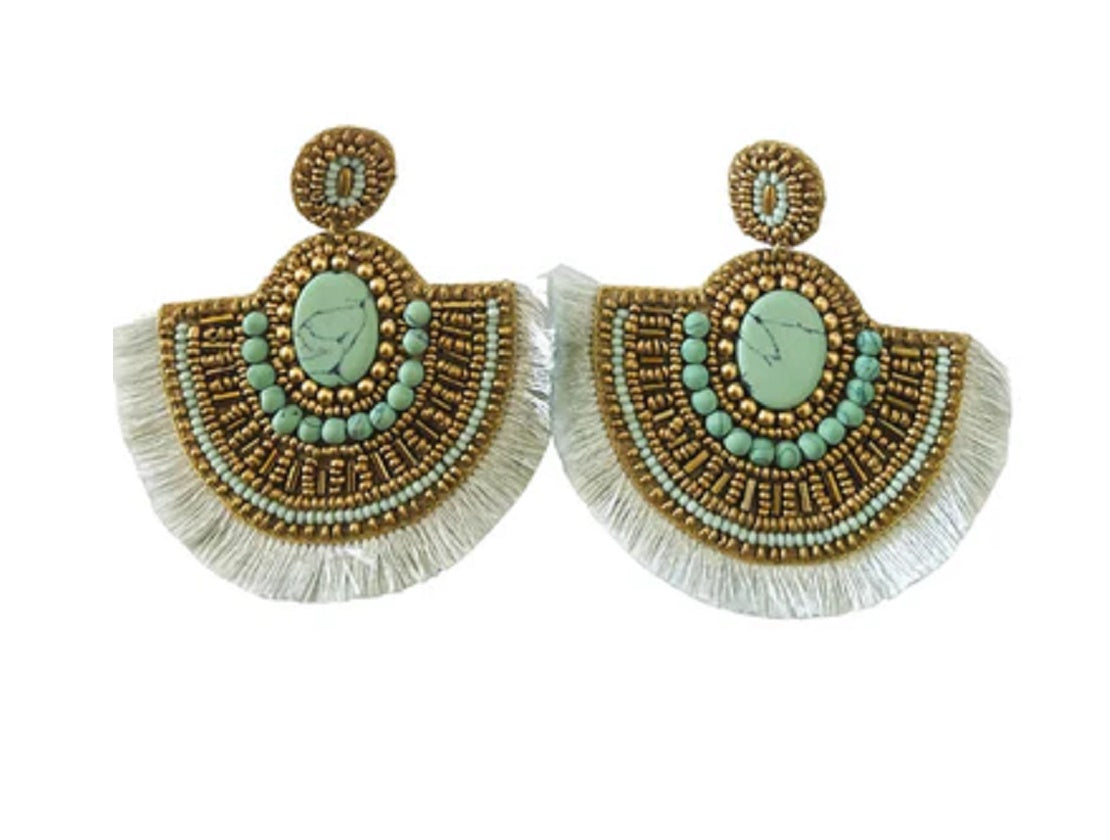 Hand Beaded Gold and Pale Mint Statement Earrings