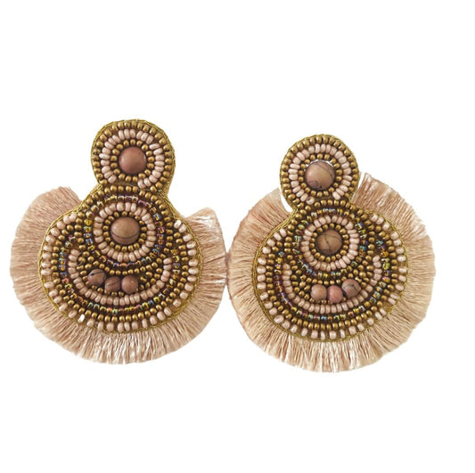 Hand Beaded Light Pink Fringe Earrings