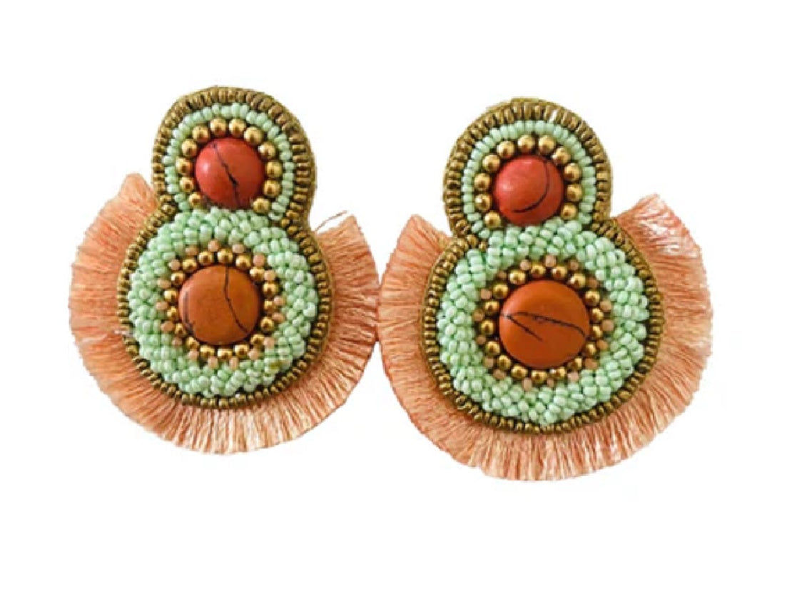 Hand Beaded Coral Fringe Earrings