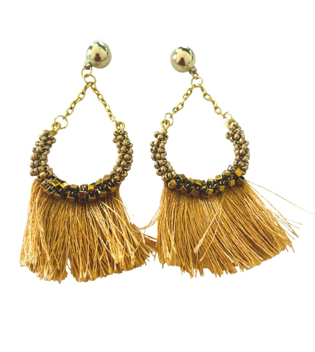 Gold Hand Beaded Tassel Earrings