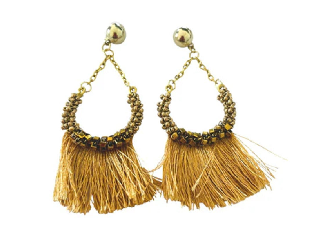 Gold Hand Beaded Tassel Earrings