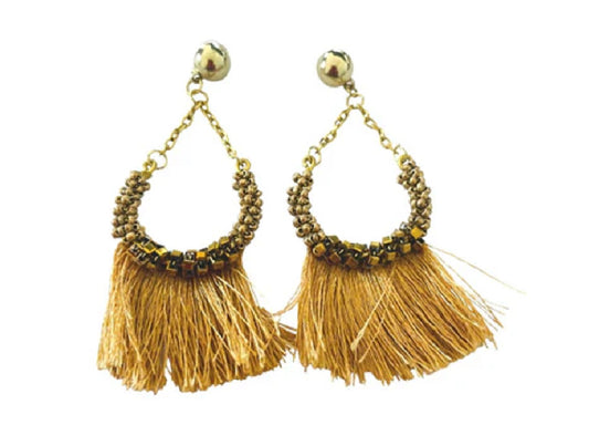 Gold Hand Beaded Tassel Earrings