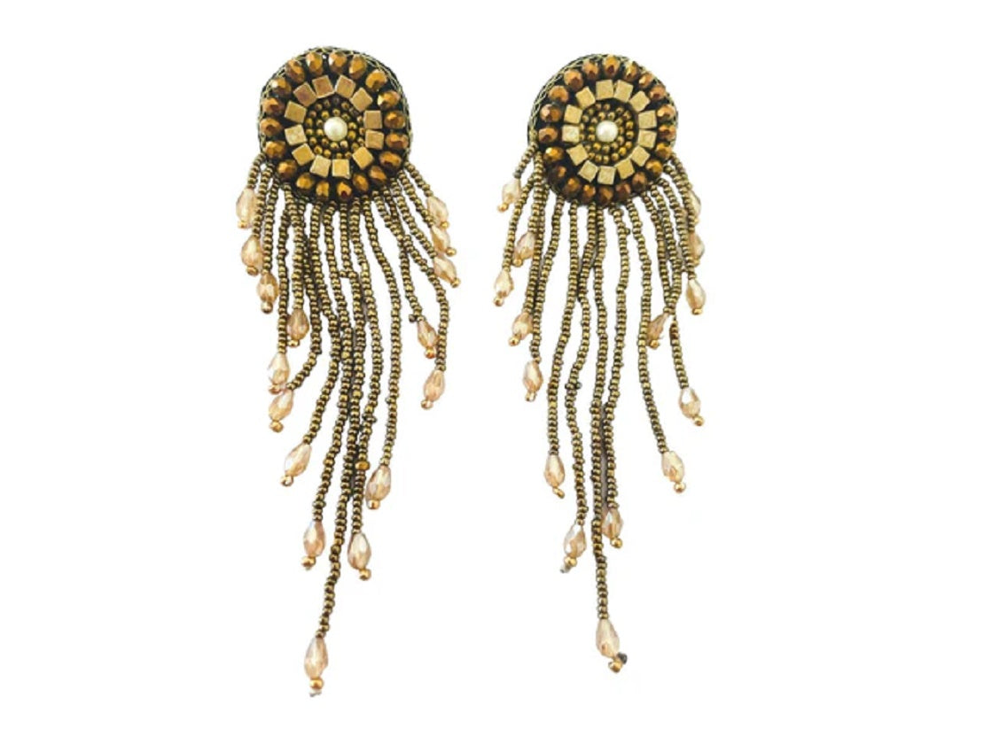 Bronze Hand Beaded Circle Earrings with Hanging Strands