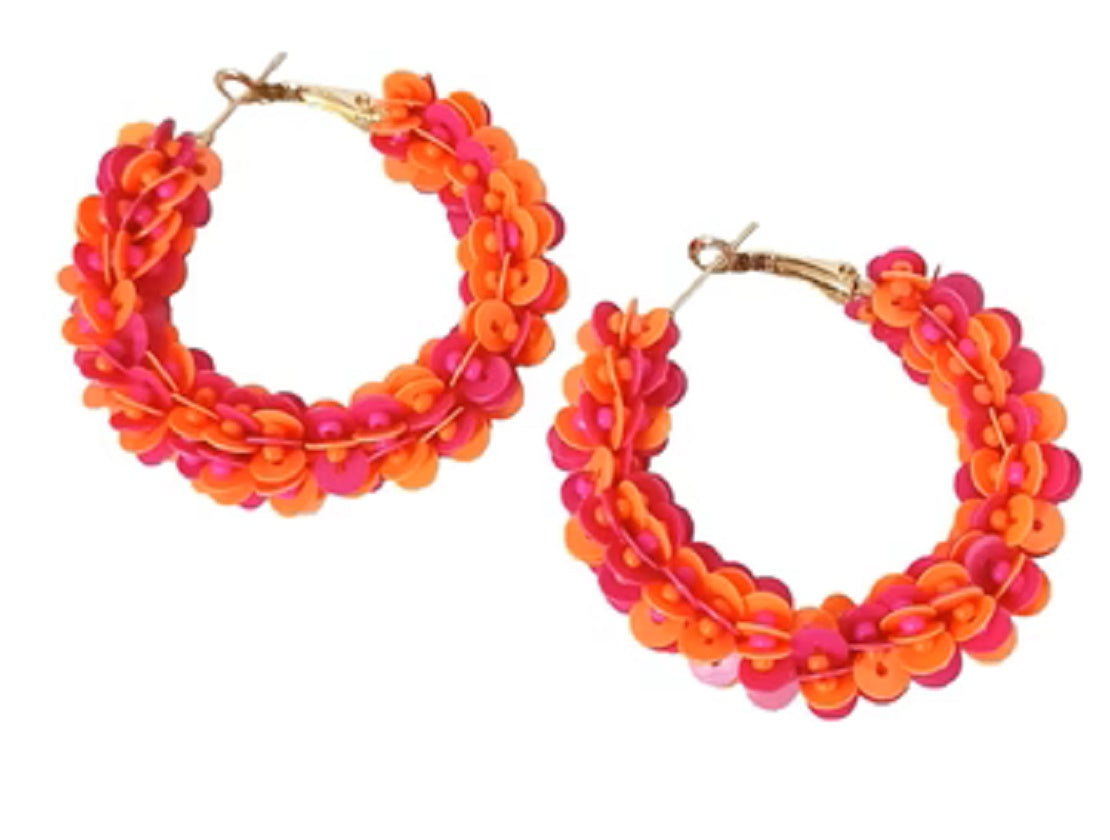 Orange and Hot Pink Beaded Hoop Earrings
