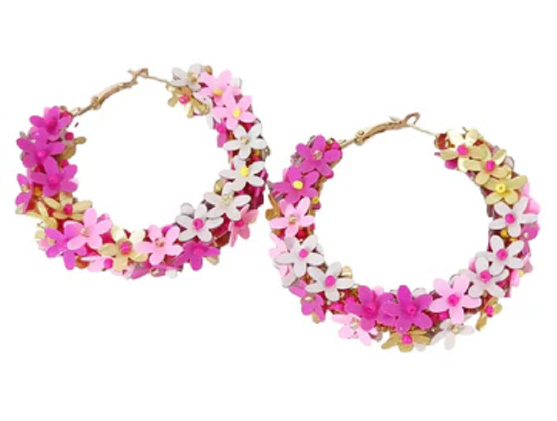 Hot Pink and Baby Pink Beaded Hoop Earrings