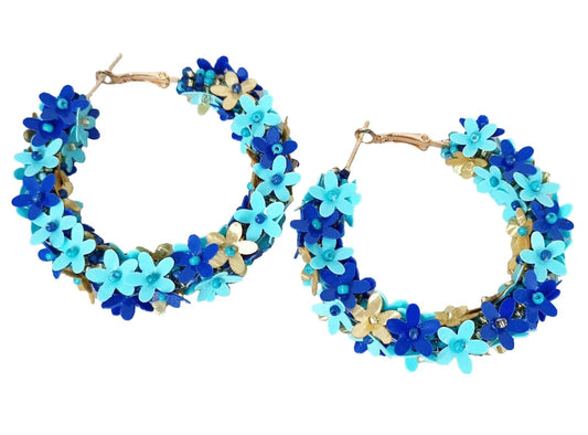 Aqua and Cobalt Blue Beaded Hoop Earrings