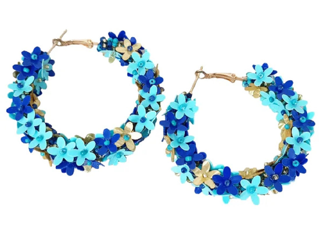 Aqua and Cobalt Blue Beaded Hoop Earrings