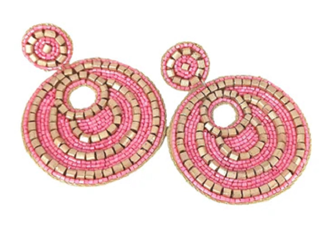 Round Hand Beaded Flamingo Pink and Gold Earrings