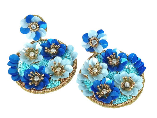 Hand Beaded Floral Blue and Aqua Earrings