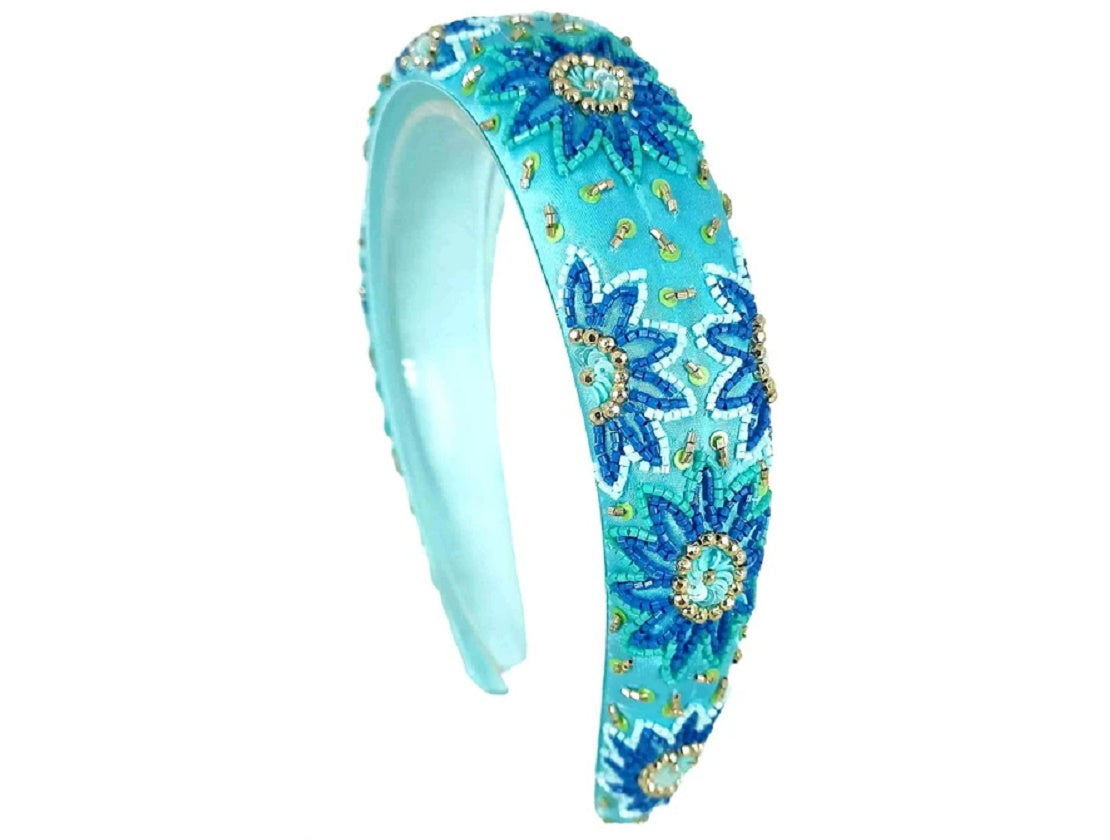 Hand Beaded Floral Blue and Aqua Hairband