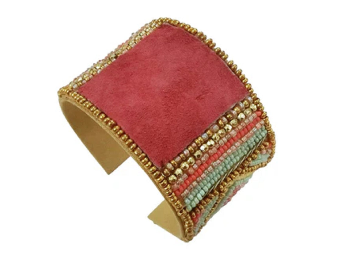 Dusky Rose Suede Cuff Bracelet with Hand Beading