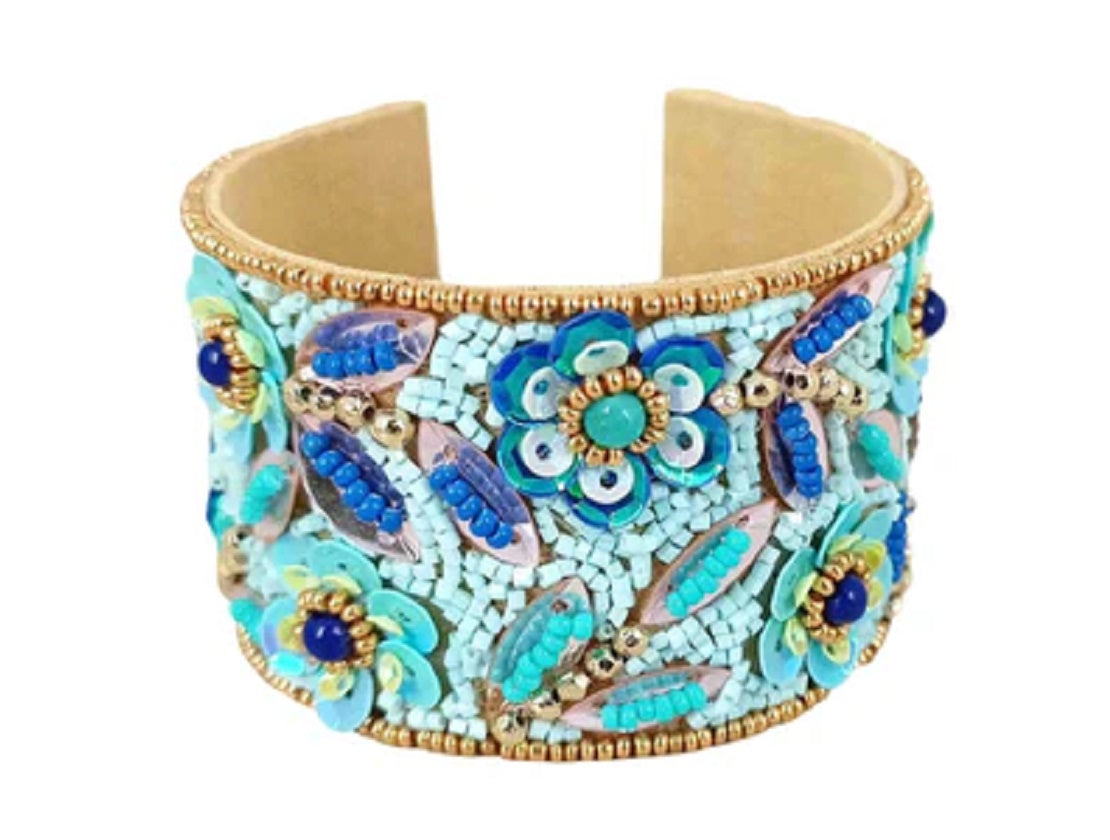 Hand Beaded Floral Blue and Aqua Cuff Bracelet