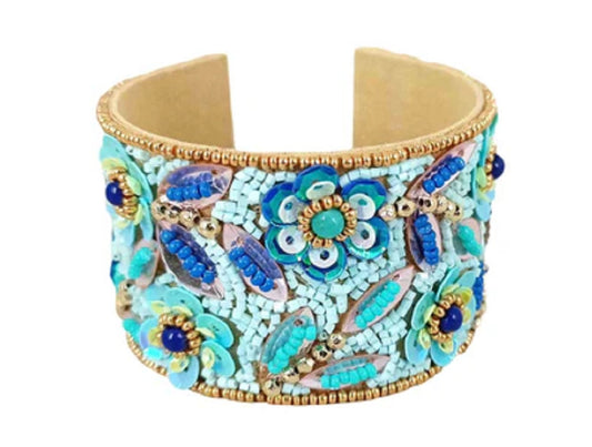 Hand Beaded Floral Blue and Aqua Cuff Bracelet