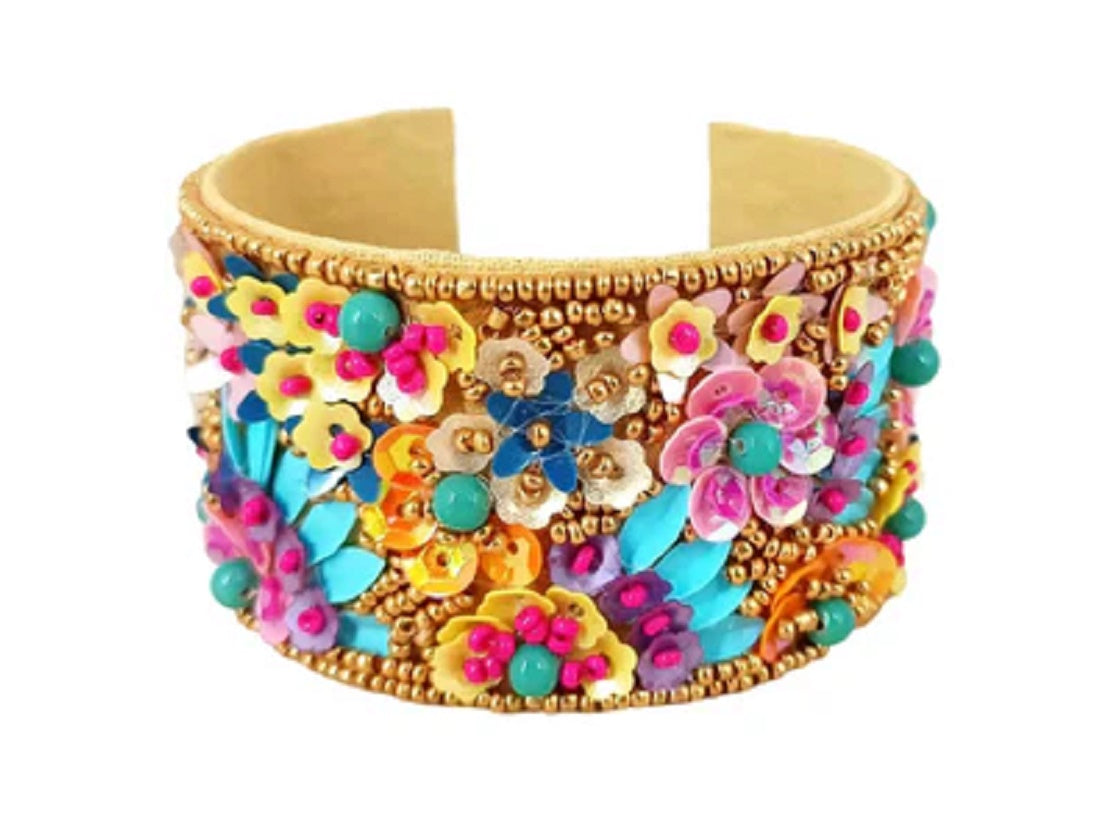 Hand Beaded Multi Coloured Floral Cuff Bracelet