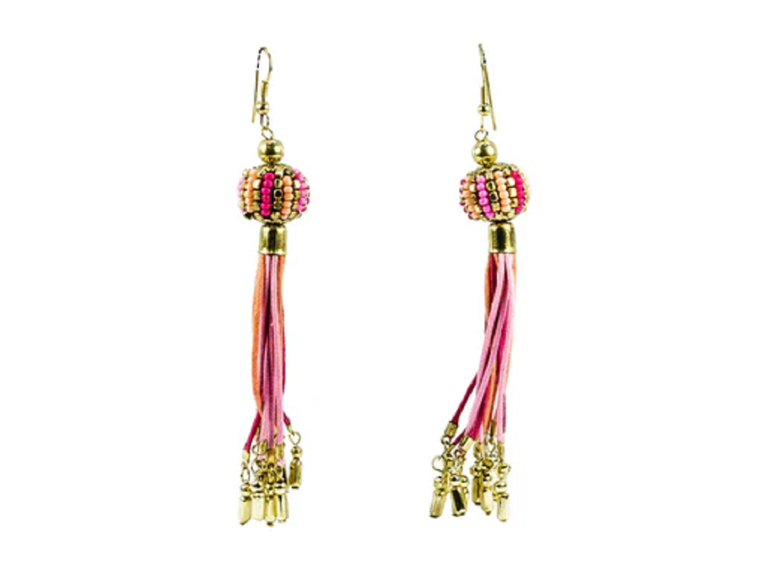 Pink Leather and Hand Beaded Tassel Earrings