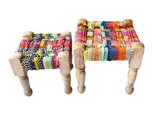 Set of 2 Hand-Woven Chindi Stools