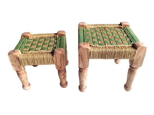 Set of 2 Green & Natural Basket Weave Stools