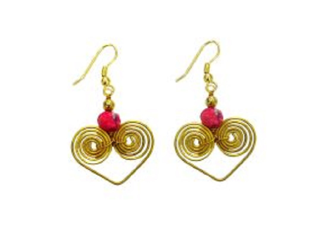 Handcrafted Brass Heart & Fabric Drop Earrings