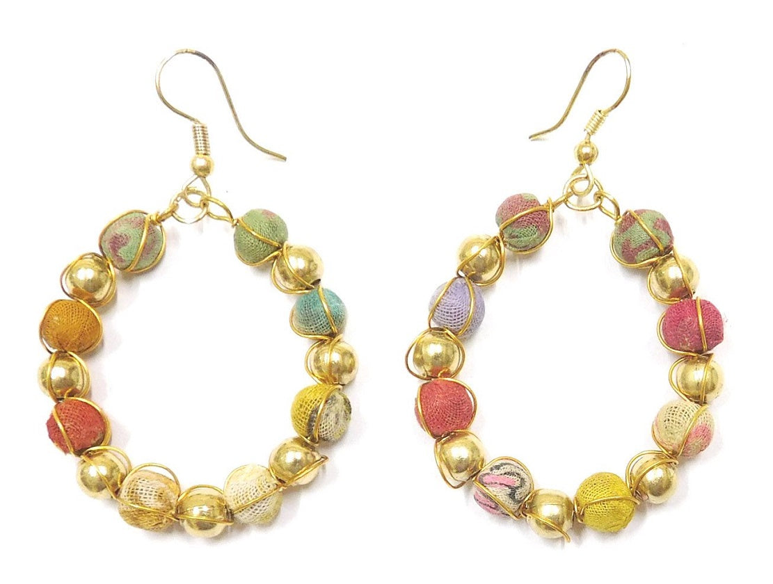 Recycled fabric bead earrings with brass overlay