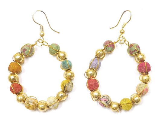 Recycled fabric bead earrings with brass overlay