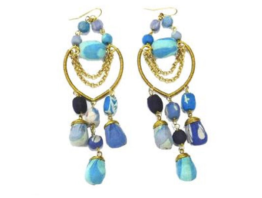 Blue Fabric Chandelier Statement Earrings