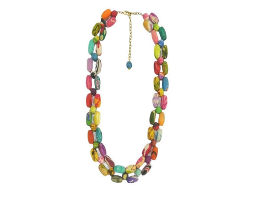 Multi coloured fabric double strand necklace