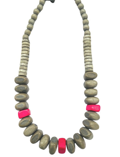 Grey wooden necklace with pink beads