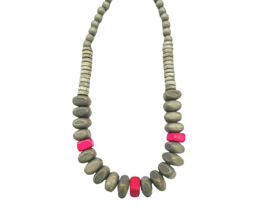 Grey wooden necklace with pink beads