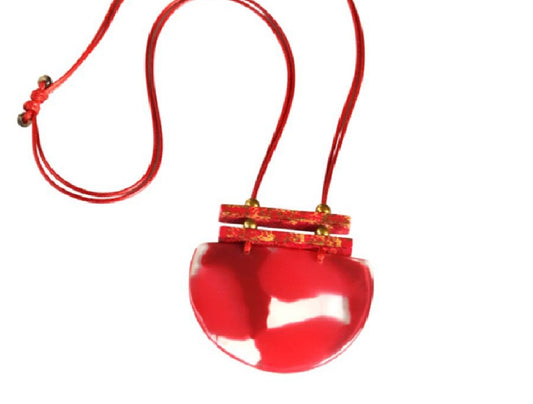 Red & White Large Semi-Circle Resin Pendant Necklace