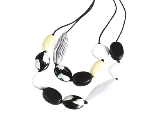 Black & White Beaded Wood & Resin Necklace