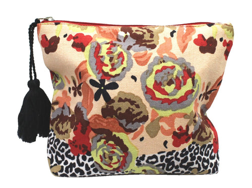 Cotton Cosmetic Pouch with Floral and Leopard Pattern