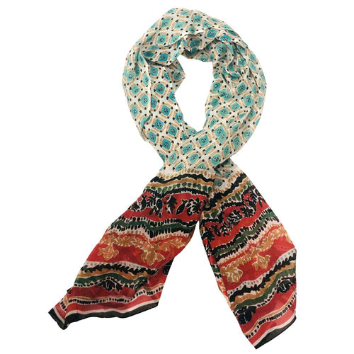Multi Patterned Red and Turquoise Cotton Scarf