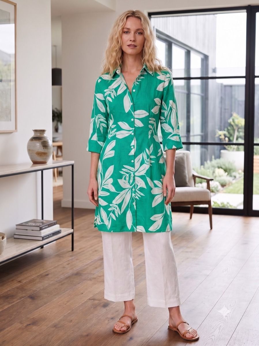 Kerala Botanical Emerald Tunic Shirt Dress - L/XL