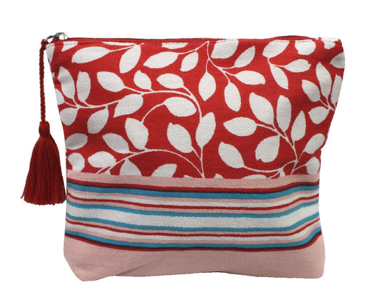 Cotton Cosmetic Pouch with Leaf and Stripe Pattern