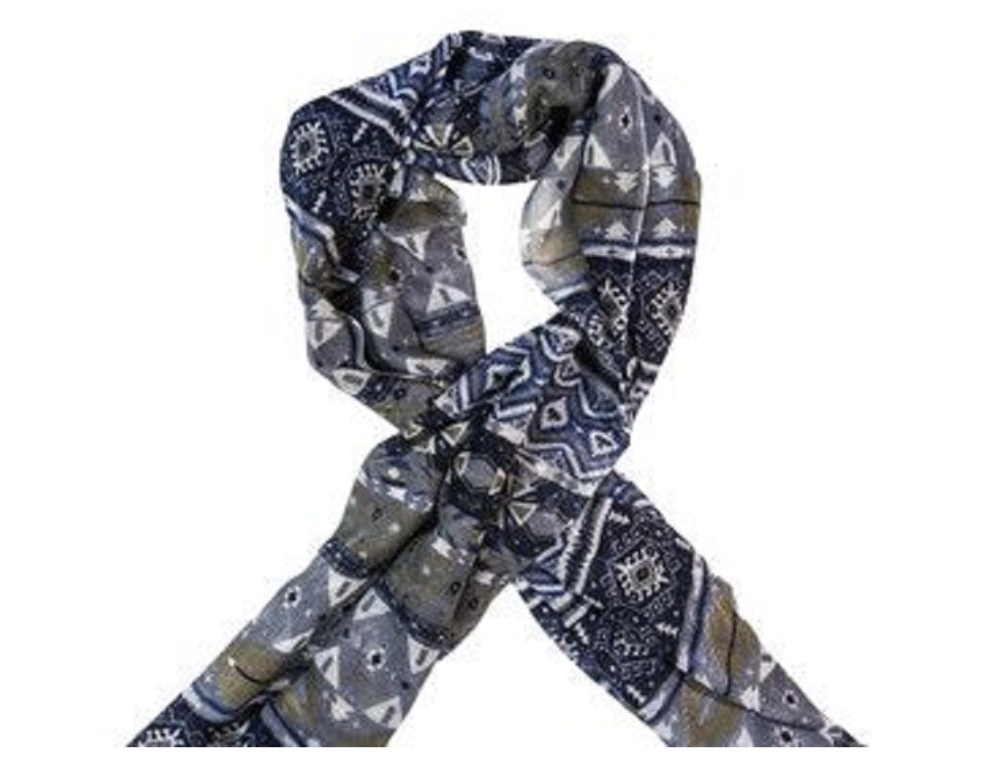 Wool Grey and Blue Aztec Scarf