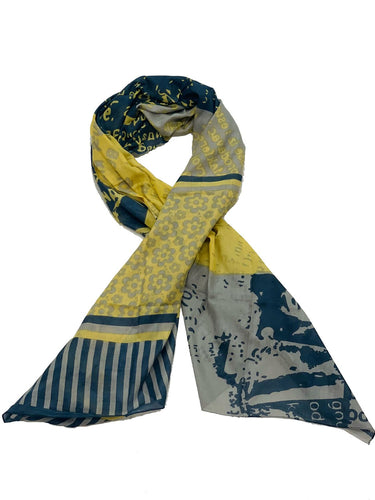 Multi Patterned Yellow and Navy Cotton Scarf