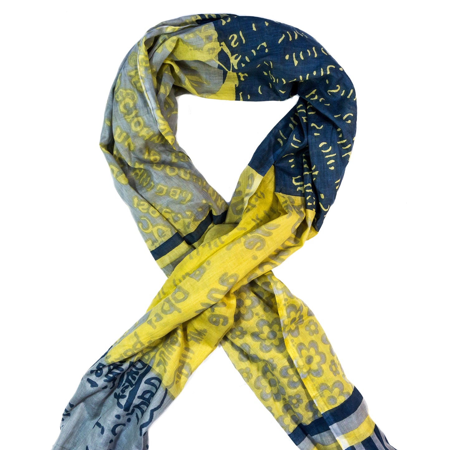 Multi Patterned Yellow and Navy Cotton Scarf