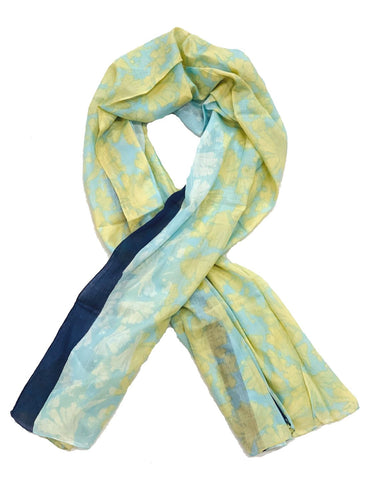 Sky Blue and Yellow Patterned Cotton Scarf with Navy Border