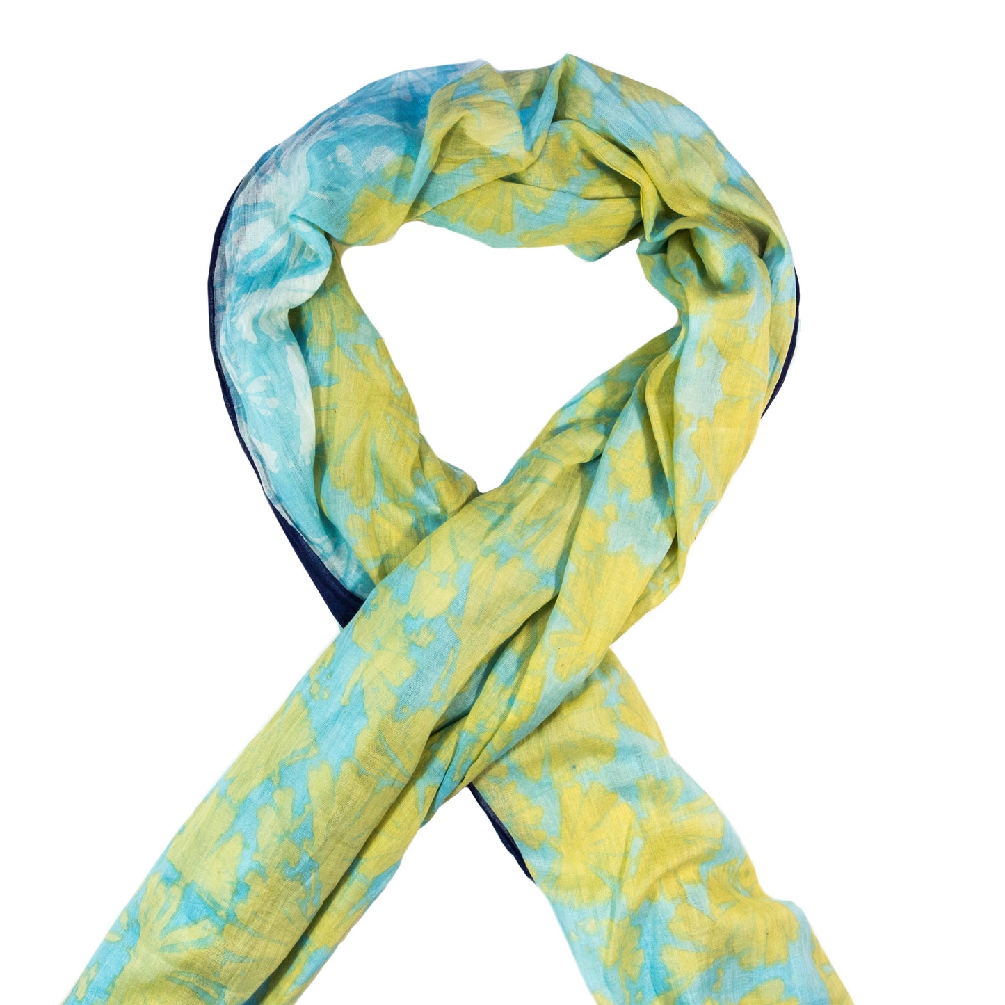 Sky Blue and Yellow Patterned Cotton Scarf with Navy Border