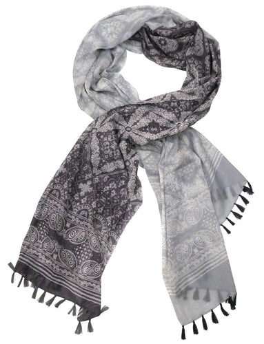 Aubergine and Grey Patterned Cotton Scarf with Tassels